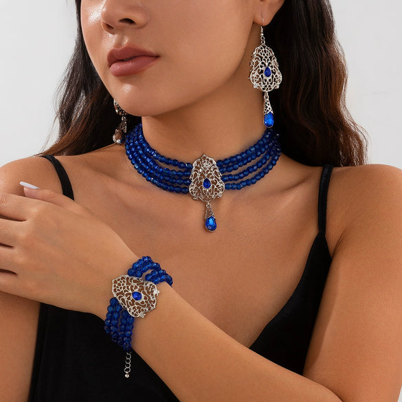 Multilayer Crystal Choker Neck Chain For Women Metal Imitation Crystal Alloy Geometric Flower Drop Shape Jewelry