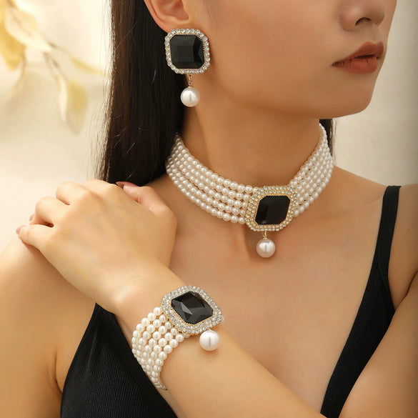 Multilayer Imitation Pearl Geometric Crystal Jewelry Set Necklace Earring Bracelet Handmade