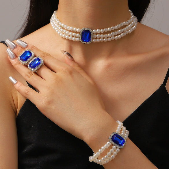 Multilayer Imitation Pearl Geometric Crystal Jewelry Set Necklace Earring Bracelet Handmade