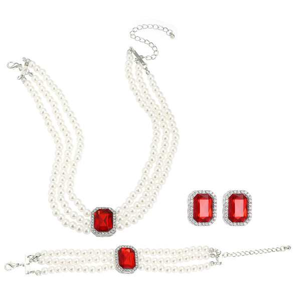 Multilayer Imitation Pearl Geometric Crystal Jewelry Set Necklace Earring Bracelet Handmade