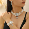 Multilayer Imitation Pearl Geometric Crystal Jewelry Set Necklace Earring Bracelet Handmade