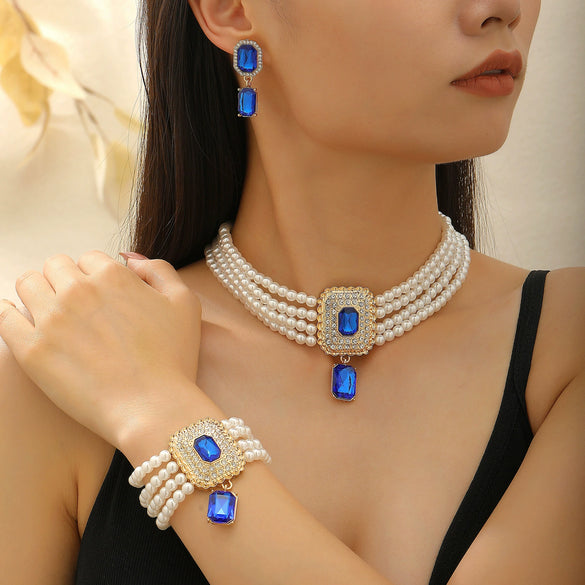 Multilayer Imitation Pearl Geometric Crystal Jewelry Set Necklace Earring Bracelet Handmade