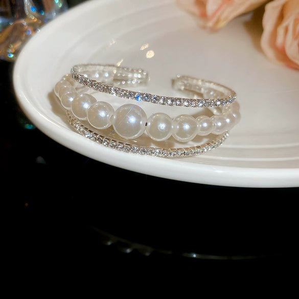 Multilayer Irregular Open Bracelet Set With Diamonds And Imitation Pearls Light Luxury Jewelry