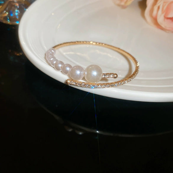 Multilayer Irregular Open Bracelet Set With Diamonds And Imitation Pearls Light Luxury Jewelry
