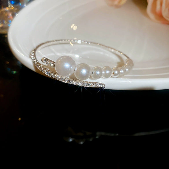 Multilayer Irregular Open Bracelet Set With Diamonds And Imitation Pearls Light Luxury Jewelry
