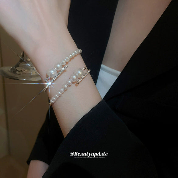 Multilayer Irregular Open Bracelet Set With Diamonds And Imitation Pearls Light Luxury Jewelry