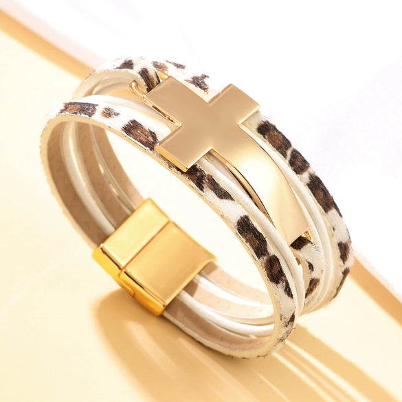 Multilayer Leather Widebrim Bracelet Alloy Geometric Electroplating Unisex