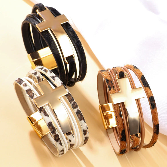 Multilayer Leather Widebrim Bracelet Alloy Geometric Electroplating Unisex