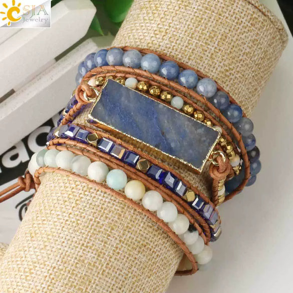 Multilayer Leather Wrap Bracelet With Natural Crystal Hematite Beads Bohemian Style
