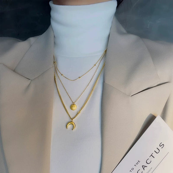 Multilayer Necklace With Star Moon Pendant In Titanium Steel Electroplated Simple Temperament Water Wave Chain