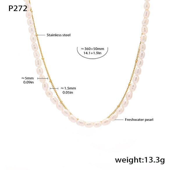 Multilayer Pearl Chain Clavicle Necklace Light Luxury Jewelry With Geometric Shape Freshwater Pearls And Stainless Steel 18K True Gold Plated Electroplating
