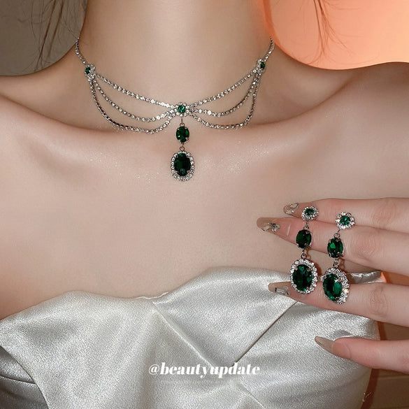 Multilayer Silver Needle Diamond Necklace And Earrings Set With Rhinestone Love Water Drops Bell Pattern For Women Highgrade Elegant Retro Jewelry