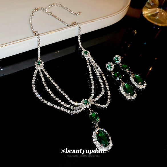 Multilayer Silver Needle Diamond Necklace And Earrings Set With Rhinestone Love Water Drops Bell Pattern For Women Highgrade Elegant Retro Jewelry