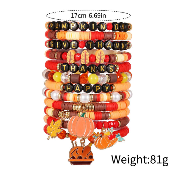 Multilayer Stacked Bracelet Polymer Clay Handmade With Thanksgiving Elements Like Turkey Maple Leaf And Styling Of Letters Numbers Text