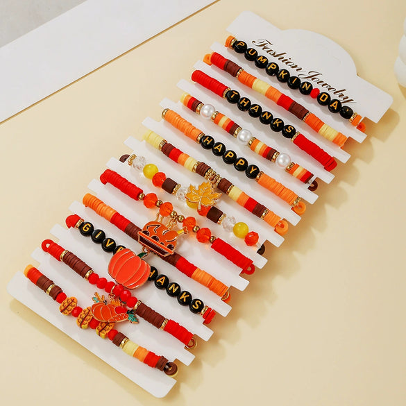 Multilayer Stacked Bracelet Polymer Clay Handmade With Thanksgiving Elements Like Turkey Maple Leaf And Styling Of Letters Numbers Text