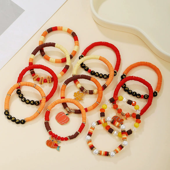 Multilayer Stacked Bracelet Polymer Clay Handmade With Thanksgiving Elements Like Turkey Maple Leaf And Styling Of Letters Numbers Text