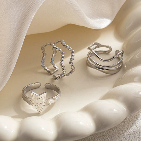Multilayer Titanium Steel Open Ring With Geometric Style Star Heart Shape Flower Leaves Letters Numbers Text Pattern Electroplated