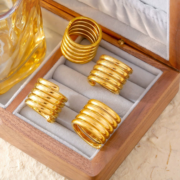 Multilayer Winding Wide Ring Light Luxury Texturized Stainless Steel 18K Gold Plated Geometric Ring For Women