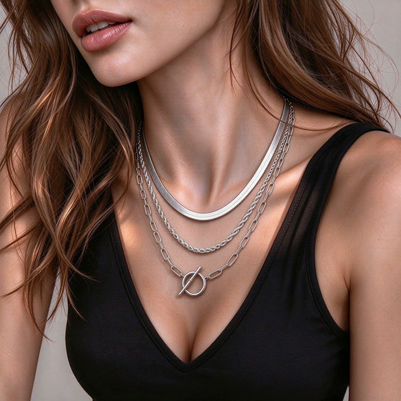 Multilayered Geometric Alloy Choker Necklace With Lobster Clasp Polished And Electroplated Unisex Fashion Jewelry