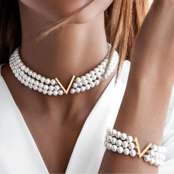 Multilayered Pearl Jewelry Set For Women Alloy Regular Chain Geometric Design