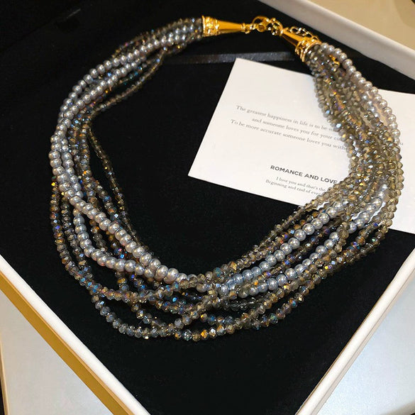 Multilayered Wrapped Artificial Crystal Necklace With Diamond Encrustment Forest Style Small Fresh Clavicle Chain High End Elegant Jewelry For Women