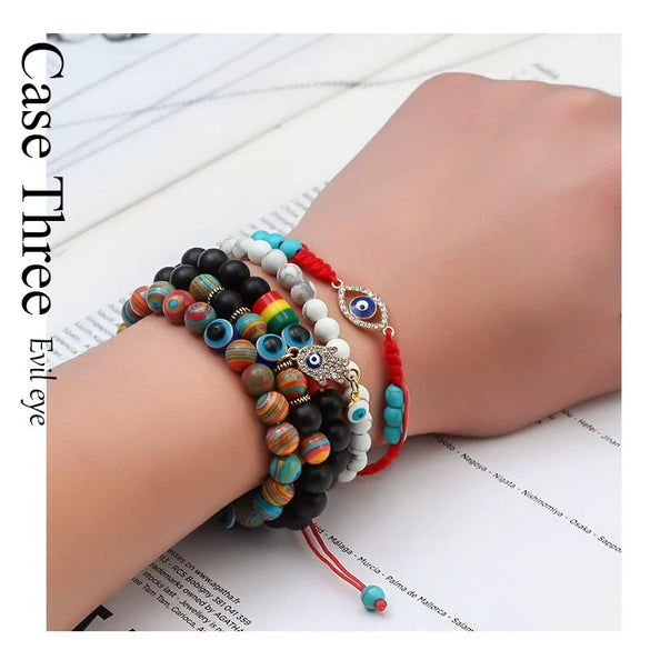 Natural Agate Beaded Couple Bracelet Geometric Devil Eye Hand String Unisex Fashion Jewelry