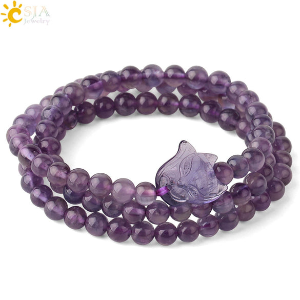 Natural Amethyst Crystal Beaded Wrap Bracelet With Cute Fox Animal Charm Minimalist Unisex Stone Bracelet