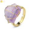 Natural Amethyst Crystal Gold Plated Geometric Open Ring Minimalist Adjustable Statement Jewelry For Women And Unisex Wear