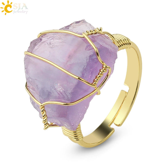 Natural Amethyst Crystal Gold Plated Geometric Open Ring Minimalist Adjustable Statement Jewelry For Women And Unisex Wear