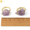 Natural Amethyst Crystal Gold Plated Geometric Open Ring Minimalist Adjustable Statement Jewelry For Women And Unisex Wear