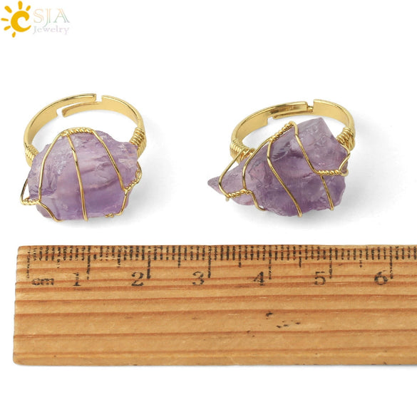 Natural Amethyst Crystal Gold Plated Geometric Open Ring Minimalist Adjustable Statement Jewelry For Women And Unisex Wear