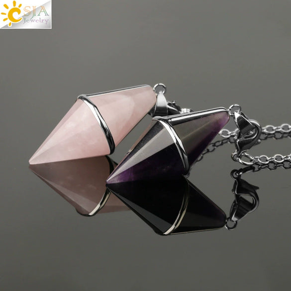 Natural Amethyst Crystal Pendulum Cone Pendant Minimalist Drop Shape Cut Stone Jewelry
