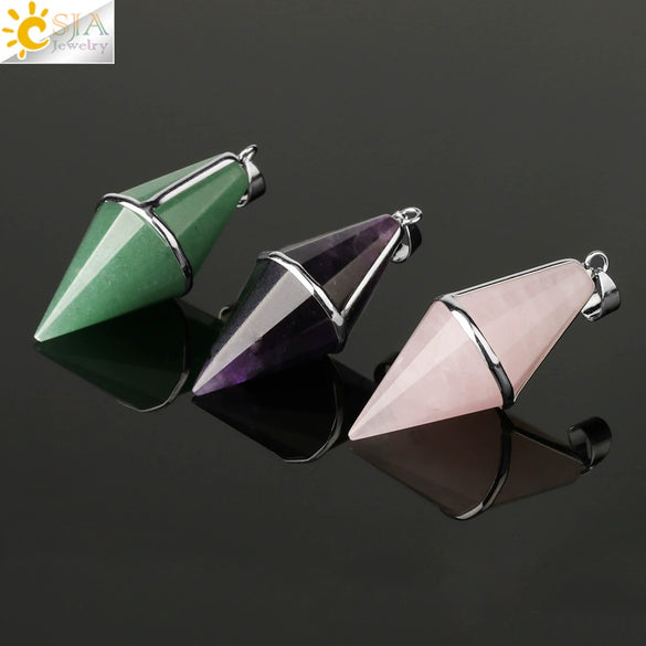 Natural Amethyst Crystal Pendulum Cone Pendant Minimalist Drop Shape Cut Stone Jewelry