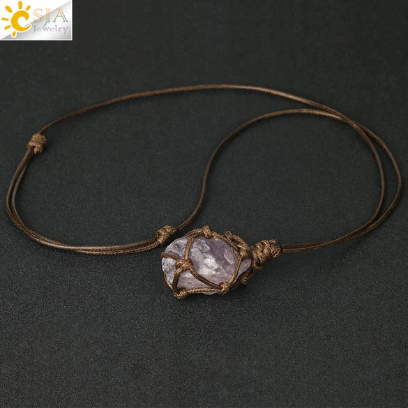 Natural Amethyst Pendant Necklace Handmade With Cowhide Rope Geometric Style
