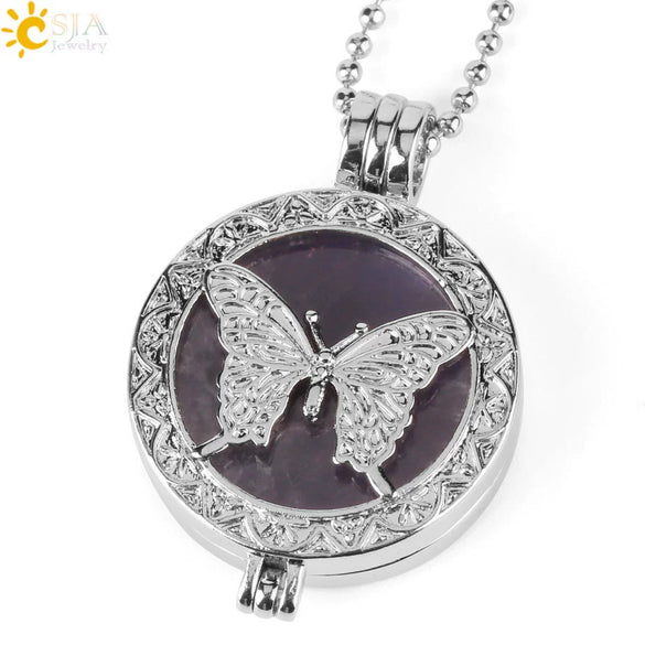 Natural Amethyst Stone Butterfly Pendant Necklace With Oblate Beads Minimalist Crystal Ball Chain Jewelry For Women