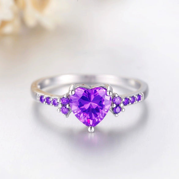 Natural Amethyst Zircon Silver Ring Fashion Wedding Heartshaped Colored Diamond Ring Jewelry  Sales