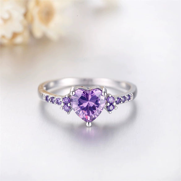 Natural Amethyst Zircon Silver Ring Fashion Wedding Heartshaped Colored Diamond Ring Jewelry  Sales