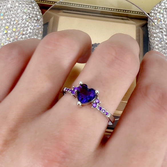 Natural Amethyst Zircon Silver Ring Fashion Wedding Heartshaped Colored Diamond Ring Jewelry  Sales