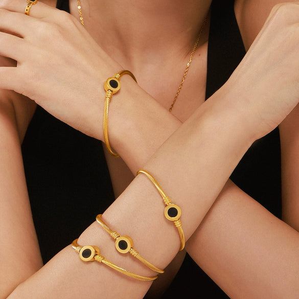 Natural Black Fritillaria Open Bracelet Stainless Steel Pvd Electroplated 18K True Gold Geometric Style Jewelry