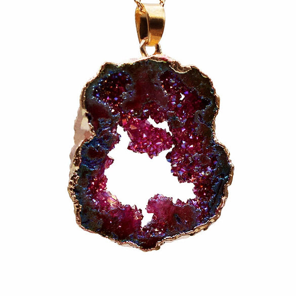 Natural Crystal Agate Cave Pendant Necklace With Electroplated Edge For Unisex Featuring Geometry Styling And Pattern Original Design Ochain Mixed Gem Inlay