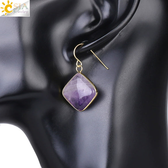Natural Crystal Amethyst Geometric Earrings For Women With Electroplated Creative Style