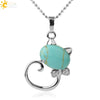 Natural Crystal Cat Pendant Necklace With Ball Chain Electroplated Animal Zodiac Semi Precious Stone Jewelry For Unisex