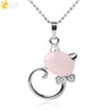 Natural Crystal Cat Pendant Necklace With Ball Chain Electroplated Animal Zodiac Semi Precious Stone Jewelry For Unisex