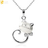 Natural Crystal Cat Pendant Necklace With Ball Chain Electroplated Animal Zodiac Semi Precious Stone Jewelry For Unisex
