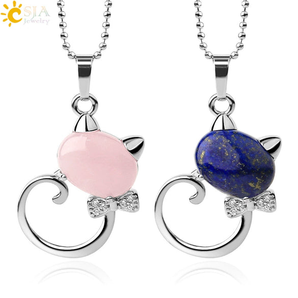 Natural Crystal Cat Pendant Necklace With Ball Chain Electroplated Animal Zodiac Semi Precious Stone Jewelry For Unisex