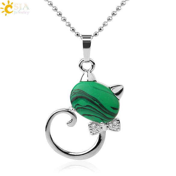 Natural Crystal Cat Pendant Necklace With Ball Chain Electroplated Animal Zodiac Semi Precious Stone Jewelry For Unisex