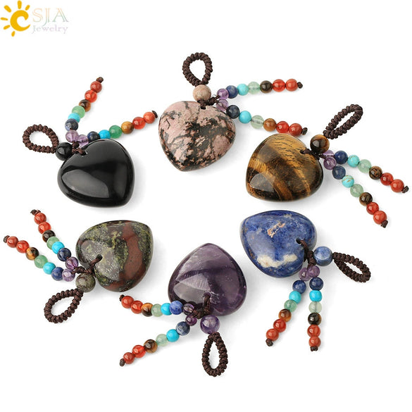 Natural Crystal Heart Pendant Necklace With Short Tassel Polished Colorful Semi Precious Stone Jewelry