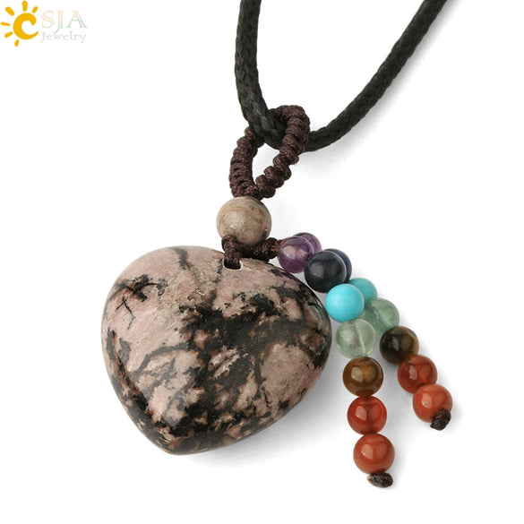 Natural Crystal Heart Pendant Necklace With Short Tassel Polished Colorful Semi Precious Stone Jewelry
