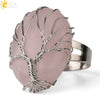 Natural Crystal Tree Of Life Adjustable Open Ring With White Plated Finish Minimalist Unisex Jewelry