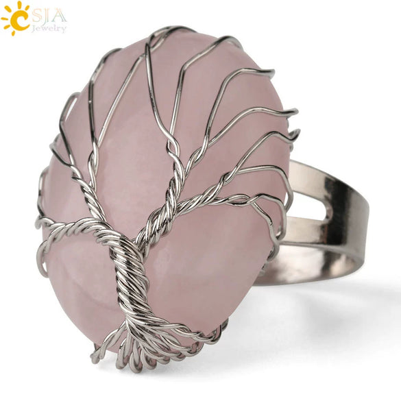 Natural Crystal Tree Of Life Adjustable Open Ring With White Plated Finish Minimalist Unisex Jewelry